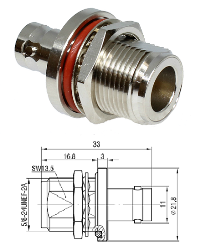 BNC Jack to N Type Jack Bulkhead Adaptor (50 ohm)