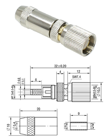 1.6/5.6 Crimp Plug 3C-2V, SYV-75-3-1 (Solder/Crimp/Screw Cover)