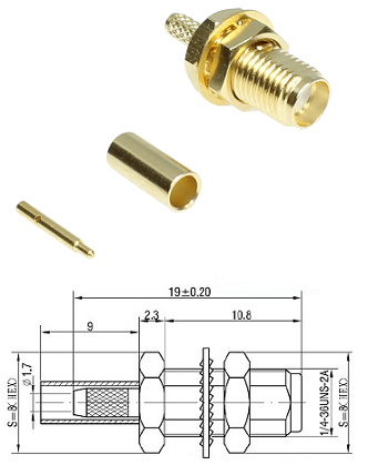 SMA-RP Bulkhead Crimp Jack RG174, RG188, RG316, LMR100