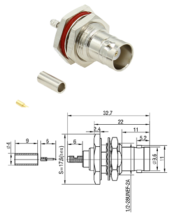 BNC Bulkhead Crimp Jack RG178, RG196