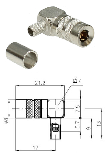 1.0/2.3 Right Angled Crimp Plug RA7000, ST121, 0.6/2.8