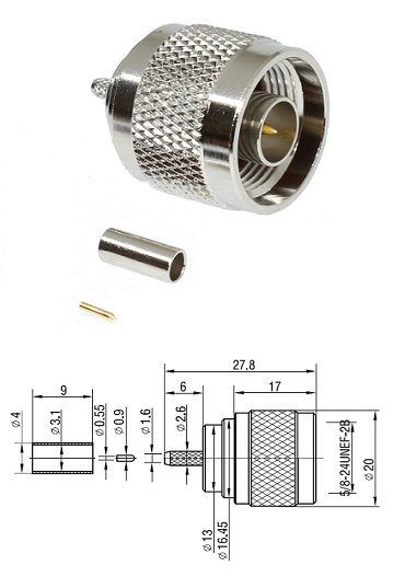 N Type Crimp Plug RG174, 188A, 316, LMR100