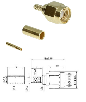 SMA-RP Crimp Plug RG174, RG188, RG316, LMR100